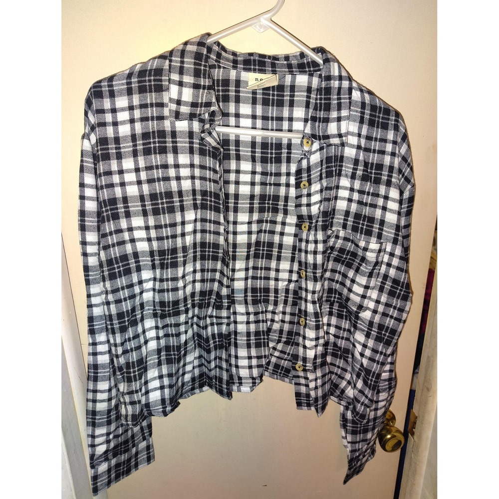 Neon Soul Shirt Womens Medium Black White Plaid Button Down Peplum Cropped